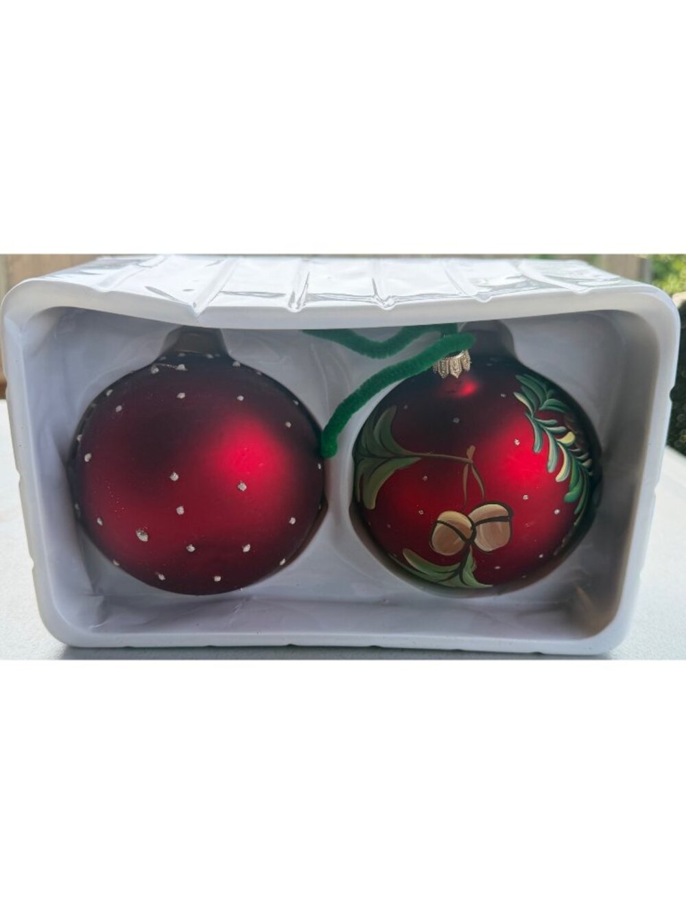 Set 2 Dillard's Glass Hand-Painted Ball Ornaments Holly Leaves & Berries 4"Tall